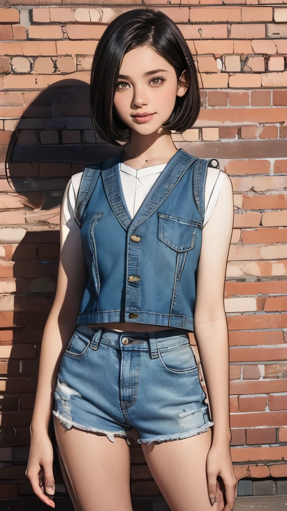1 girl,Beautiful girl standing in front of brick face looking at me,Boyish handsome girl,high school,Smile,Dark-haired,short hair undercut,Accurately depicted face,slim,flat chest,barefoot,Anatomically correct,Precise fingers,White vest,Denim hot pants,G-Shock,masterpiece,best quality,Individual photos taken,