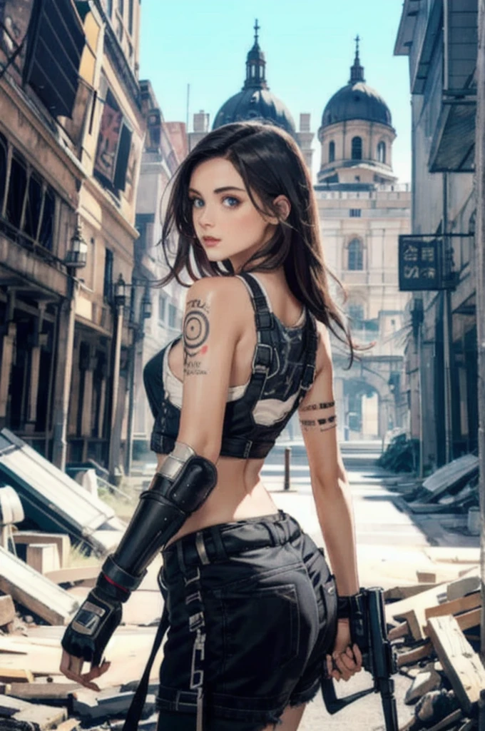 Detailed photo of a futuristic beautiful female warrior in a dystopian city, Tattered outfit with rusty metal armor plates, long and disheveled hair, Tattoos on the arm and body, Fashion pose, Blue eyes with round irises, Detailed face, Apocalyptic Environment, Natural body pose, Professional Photographer, Shooting with a professional SLR camera, Professional fantasy artist, Professional Rococo and Baroque Background Artist, Professional Art Station Artists