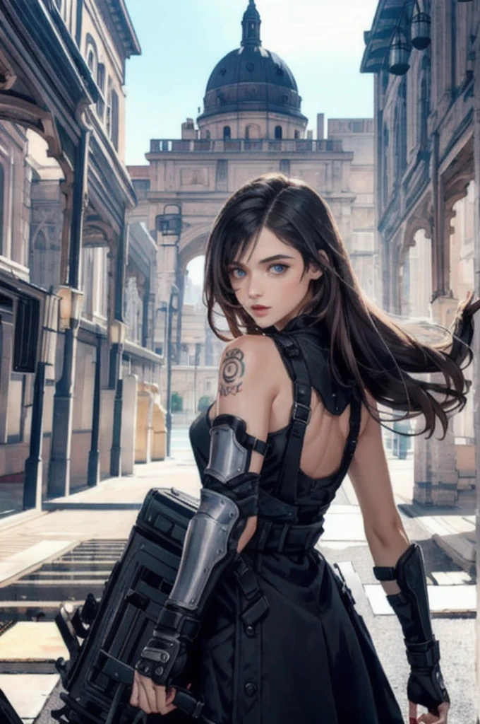 Detailed photo of a futuristic beautiful female warrior in a dystopian city, Tattered outfit with rusty metal armor plates, long and disheveled hair, Tattoos on the arm and body, Fashion pose, Blue eyes with round irises, Detailed face, Apocalyptic Environment, Natural body pose, Professional Photographer, Shooting with a professional SLR camera, Professional fantasy artist, Professional Rococo and Baroque Background Artist, Professional Art Station Artists