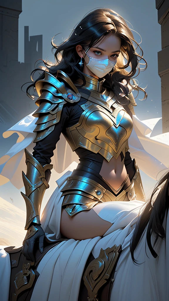 a female masked rider in white armored warrior outfit, detailed face, detailed eyes, beautiful detailed lips, highly detailed armor, intricate armor plates, flowing white cape, riding a war horse, epic fantasy landscape, dramatic lighting, cinematic composition, hyper realistic, 8k, award winning digital art