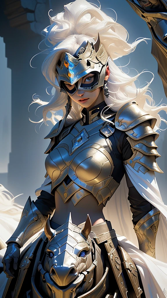 a female masked rider in white armored warrior outfit, detailed face, detailed eyes, beautiful detailed lips, highly detailed armor, intricate armor plates, flowing white cape, riding a war horse, epic fantasy landscape, dramatic lighting, cinematic composition, hyper realistic, 8k, award winning digital art