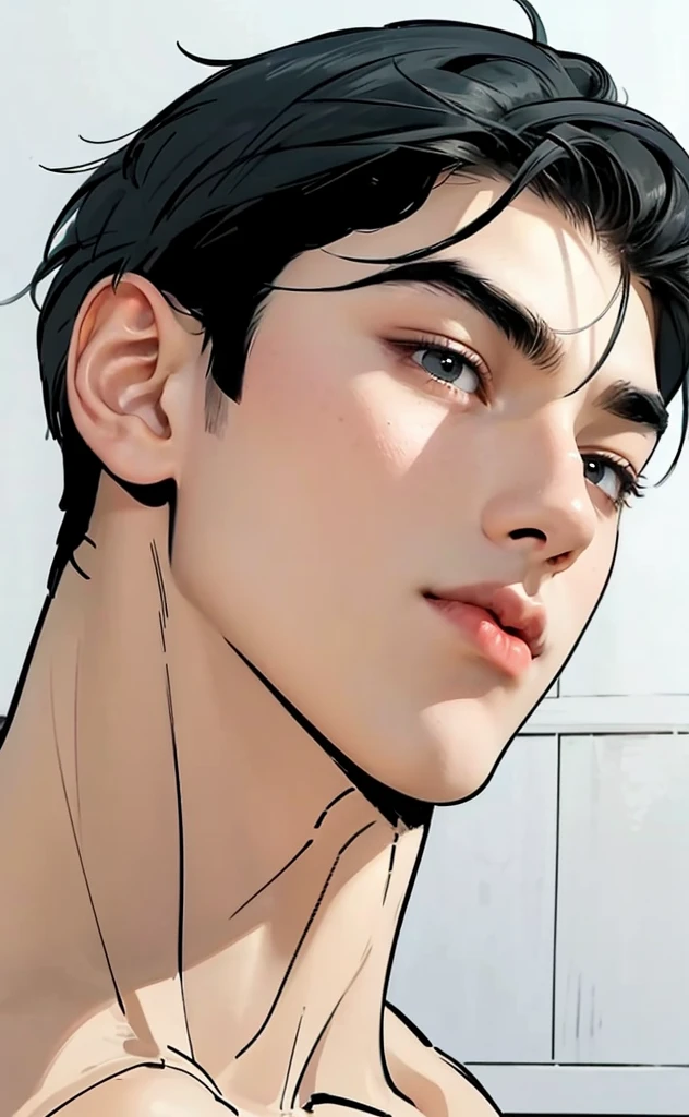 1boy, black hair, short hair, black eyes, detailed eyes,solo focus, simple background, male focus, solo, standing, sung jinwoo, portrait,, (masterpiece:1.0), (best quality:1.0), (8k wallpaper:1.0), (beautiful detailed face:1.0), (detailed deep eyes), deep eyes,looking at viewer, body sixpack, Handsome man, Realistic picture,