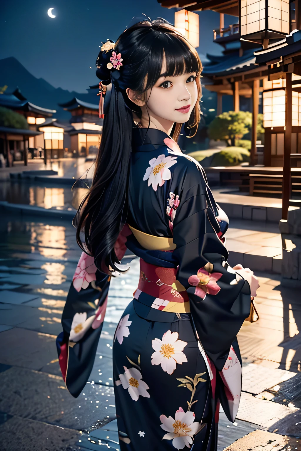 Full body,Looking back,♥(Japanese beautiful flower printed kimono,yukata),((1girl,cute,young,semi long beautiful black hair,blunt bangs,twin tales,beautiful eyes)),(solo),((masterpiece, highest resolution,best quality)), (beautiful illustration),(Japanese beautiful flower printed kimono,yukata),(looking back at the viewer), innocent smile,cinematic lighting,walking around the beach,waves,fireworks,night sky,full moon,shooting star,