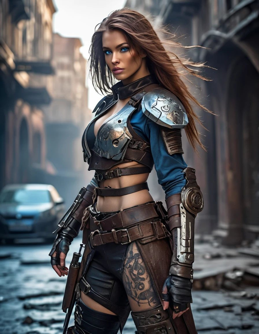 Detailed photo of a futuristic beautiful female warrior in a dystopian city, Tattered outfit with rusty metal armor plates, long and disheveled hair, Tattoos on the arm and body, Fashion pose, Blue eyes with round irises, Detailed face, Apocalyptic Environment, Natural body pose, Professional Photographer, Shooting with a professional SLR camera, Professional fantasy artist, Professional Rococo and Baroque Background Artist, Professional Art Station Artists