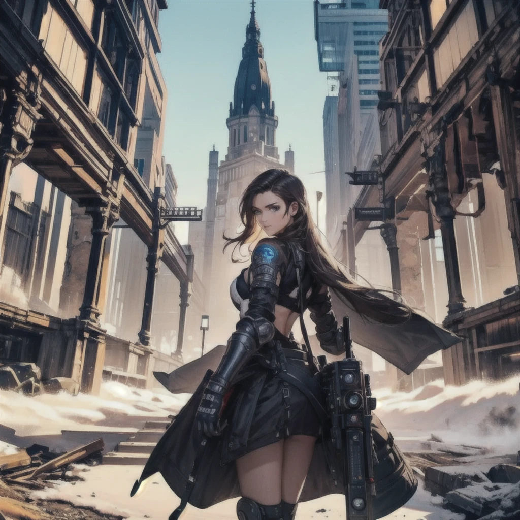 Detailed photo of a futuristic beautiful female warrior in a dystopian city, Tattered outfit with rusty metal armor plates, long and disheveled hair, Tattoos on the arm and body, Fashion pose, Blue eyes with round irises, Detailed face, Apocalyptic Environment, Natural body pose, Professional Photographer, Shooting with a professional SLR camera, Professional fantasy artist, Professional Rococo and Baroque Background Artist, Professional Art Station Artists