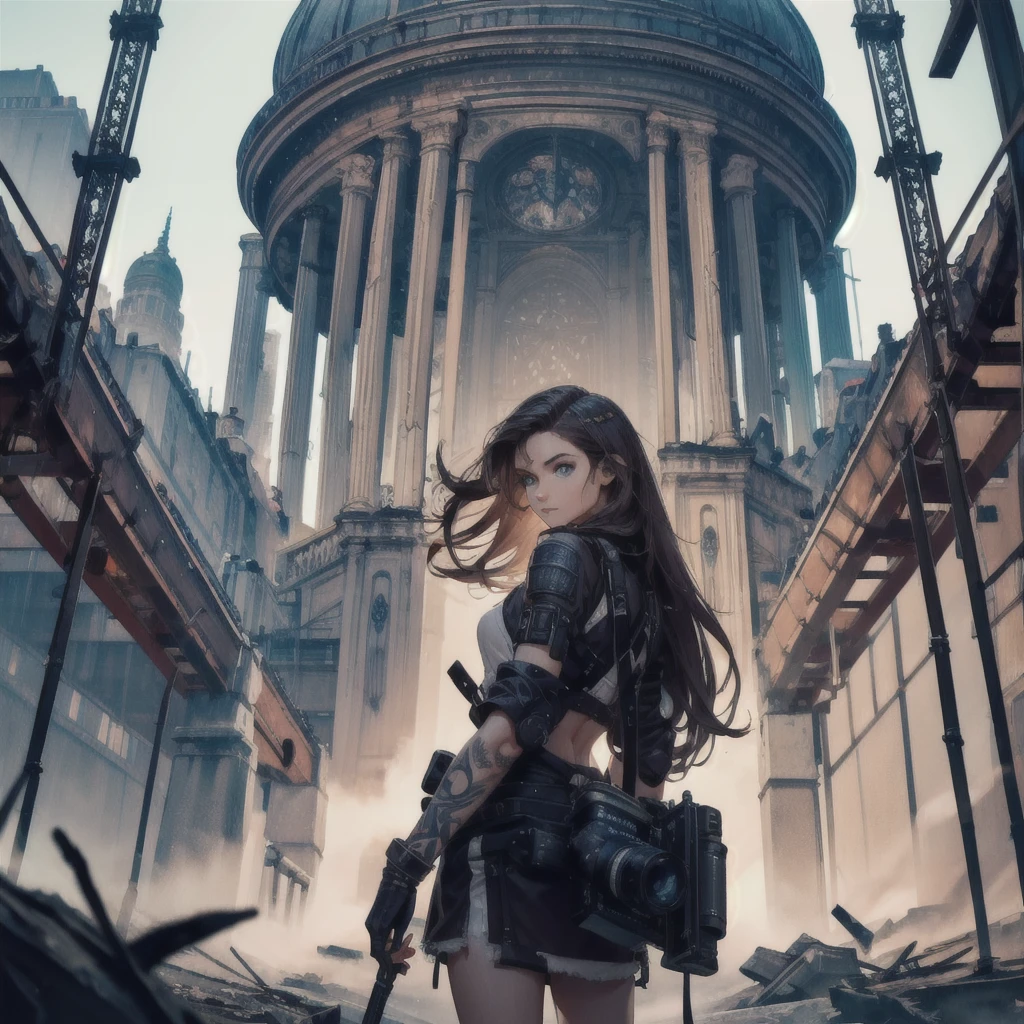 Detailed photo of a futuristic beautiful female warrior in a dystopian city, Tattered outfit with rusty metal armor plates, long and disheveled hair, Tattoos on the arm and body, Fashion pose, Blue eyes with round irises, Detailed face, Apocalyptic Environment, Natural body pose, Professional Photographer, Shooting with a professional SLR camera, Professional fantasy artist, Professional Rococo and Baroque Background Artist, Professional Art Station Artists