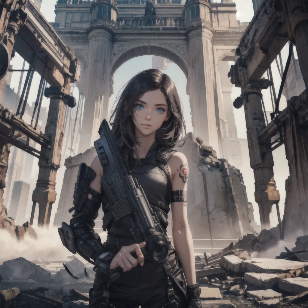 Detailed photo of a futuristic beautiful female warrior in a dystopian city, Tattered outfit with rusty metal armor plates, long and disheveled hair, Tattoos on the arm and body, Fashion pose, Blue eyes with round irises, Detailed face, Apocalyptic Environment, Natural body pose, Professional Photographer, Shooting with a professional SLR camera, Professional fantasy artist, Professional Rococo and Baroque Background Artist, Professional Art Station Artists