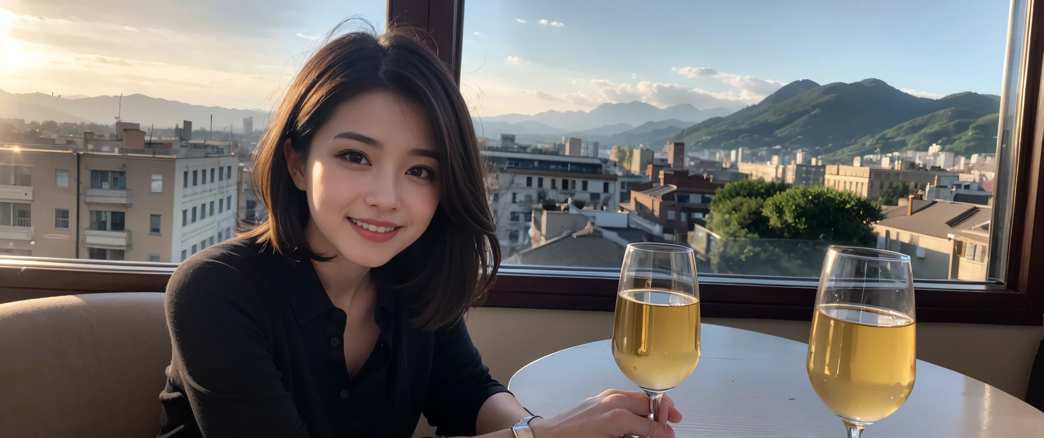 (highest quality、8k、masterpiece:1.3)、Beautiful woman with perfect figure:1.4、Dark brown hair、Wine Party 、2 people、Highly detailed face and skin、Fine grain、double eyelid、テーブルにwine glass、Facial lighting、 Amazing view of the sunset sky and clouds、Amazing mountain views、ニコニコ明るいsmile、smileの素敵な女性、Bright image、 Beautiful Face, short hair, (Age 42), 39 years old, Lady、red wine 、Appetizers、Italian food、wine bottle、Champagne、sparkling wine、Two beauties、Brown Hair、Shortcuts、Long sleeve shirt、dress、Pretty Woman 1, (slimな顔), (The body is slim), (Brown Hair), (Shortcuts), cheeks turn a little red,Attractive beauty、restaurant, In a prominent place (From the waist up) Nova Frog Style, actress, model, Upper Body, White wine, slim, wine glass, smile, (smile: 1.15), Beautiful fine grain, Depth f/2,saturation, High Contrast, Strong light and shadow,Moist Body:1.5、3D texture、Delicate eyes、Brown Hair、The hair is very shiny、