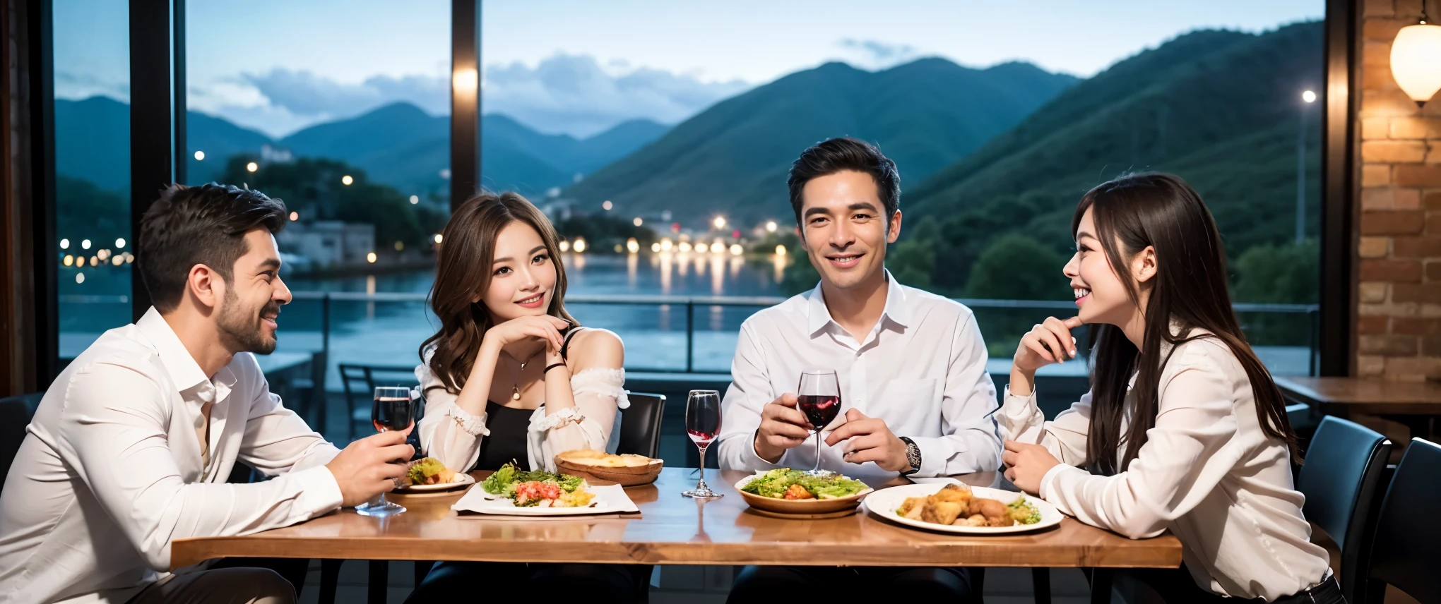 (highest quality、8k、masterpiece:1.3)、Beautiful woman with perfect figure:1.4、Dark brown hair、Wine Party 、2 people、Highly detailed face and skin、Fine grain、double eyelid、テーブルにwine glass、Facial lighting、 Amazing view of the sunset sky and clouds、Amazing mountain views、ニコニコ明るいsmile、smileの素敵な女性、Bright image、 Beautiful Face, short hair, (Age 42), 39 years old, Lady、red wine 、Appetizers、Italian food、wine bottle、Champagne、sparkling wine、Two beauties、Brown Hair、Shortcuts、Long sleeve shirt、dress、Pretty Woman 1, (slimな顔), (The body is slim), (Brown Hair), (Shortcuts), cheeks turn a little red,Attractive beauty、restaurant, In a prominent place (From the waist up) Nova Frog Style, actress, model, Upper Body, White wine, slim, wine glass, smile, (smile: 1.15), Beautiful fine grain, Depth f/2,saturation, High Contrast, Strong light and shadow,Moist Body:1.5、3D texture、Delicate eyes、Brown Hair、The hair is very shiny、