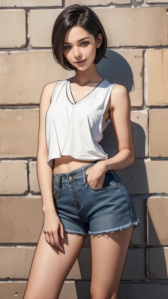 1 girl,Beautiful girl standing in front of brick face looking at me,Boyish handsome girl,high school,Smile,Dark-haired,short hair undercut,Accurately depicted face,slim,flat chest,barefoot,Anatomically correct,Precise fingers,White vest,Denim hot pants,G-Shock,masterpiece,best quality,Individual photos taken,