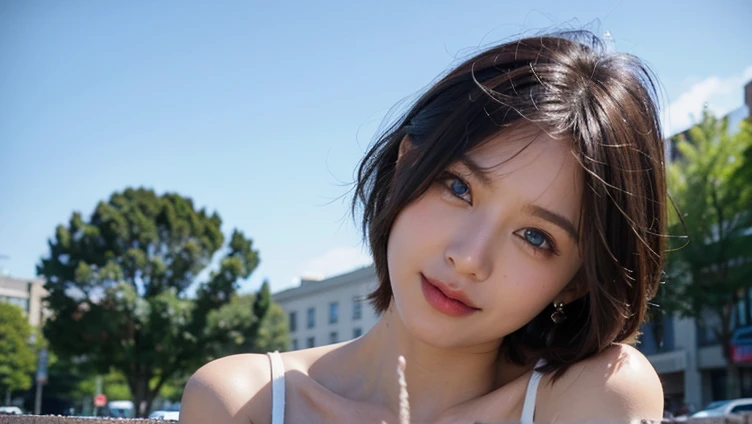 (8k、Raw photo、highest quality、masterpiece:1.2)、(Realistic、Photorealistic:1.37)、One Girl、20-year-old、cute、Adorable、(blue eyes)、(A shy smile:0.4)、(solo)、Detailed face、Brown short hair、Hair on one eye、Cool clothes、Elevation、Tilt your head、The background is a park with blue sky、Street Snap、Earrings、Japanese women