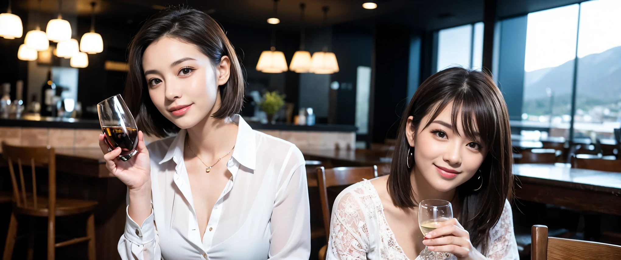(highest quality、8k、masterpiece:1.3)、Beautiful woman with perfect figure:1.4、Dark brown hair、Wine Party 、2 people、Highly detailed face and skin、Fine grain、double eyelid、テーブルにwine glass、Facial lighting、 Amazing view of the sunset sky and clouds、Amazing mountain views、ニコニコ明るいsmile、smileの素敵な女性、Bright image、 Beautiful Face, short hair, (Age 35), 39 years old, Lady、red wine 、Appetizers、Italian food、wine bottle、Champagne、sparkling wine、Two beauties、Brown Hair、Shortcuts、Long sleeve shirt、dress、Pretty Woman 1, (slimな顔), (The body is slim), (Brown Hair), (Shortcuts), cheeks turn a little red,Attractive beauty、restaurant, In a prominent place (From the waist up) Nova Frog Style, actress, model, Upper Body, White wine, slim, wine glass, smile, (smile: 1.15), Beautiful fine grain, Depth f/2,saturation, High Contrast, Strong light and shadow,Moist Body:1.5、3D texture、Delicate eyes、Brown Hair、The hair is very shiny、
