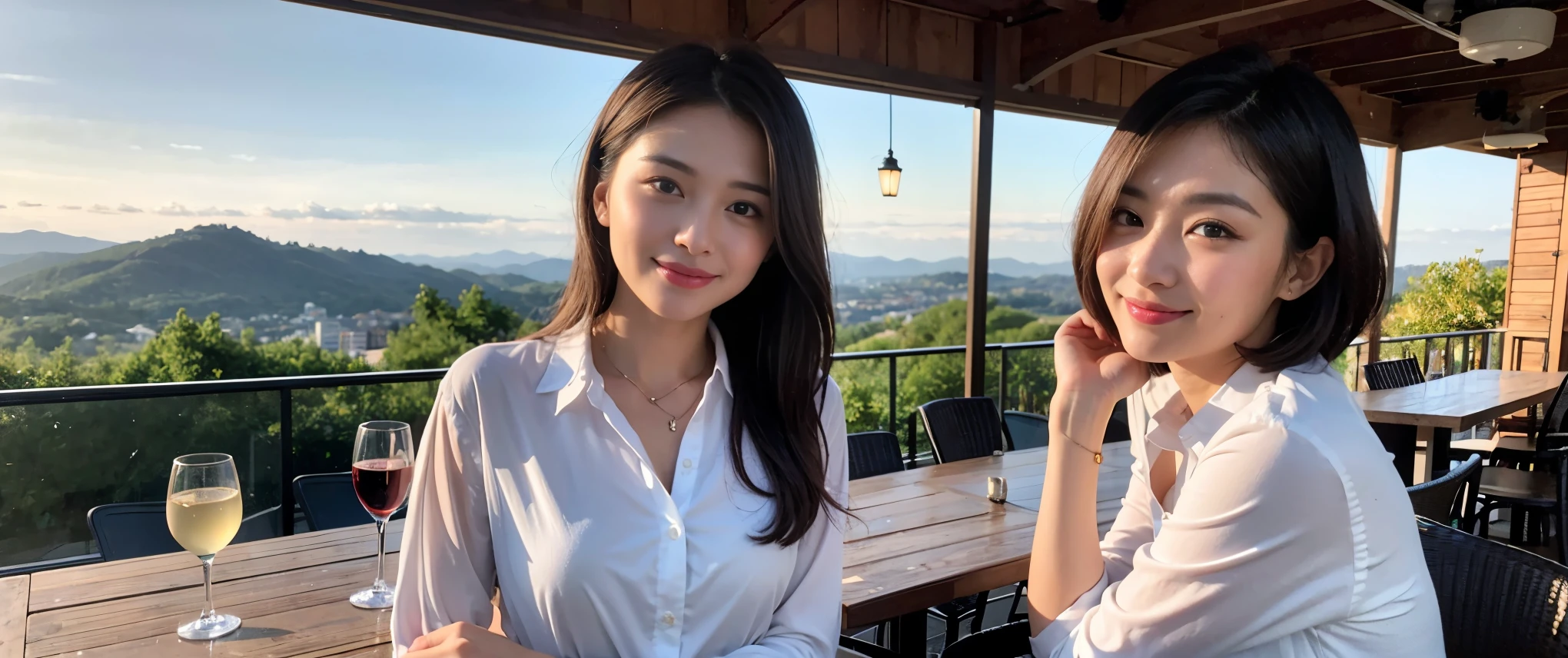 (highest quality、8k、masterpiece:1.3)、Beautiful woman with perfect figure:1.4、Dark brown hair、Wine Party 、2 people、Highly detailed face and skin、Fine grain、double eyelid、テーブルにwine glass、Facial lighting、 Amazing view of the sunset sky and clouds、Amazing mountain views、ニコニコ明るいsmile、smileの素敵な女性、Bright image、 Beautiful Face, short hair, (Age 35), 39 years old, Lady、red wine 、Appetizers、Italian food、wine bottle、Champagne、sparkling wine、Two beauties、Brown Hair、Shortcuts、Long sleeve shirt、dress、Pretty Woman 1, (slimな顔), (The body is slim), (Brown Hair), (Shortcuts), cheeks turn a little red,Attractive beauty、restaurant, In a prominent place (From the waist up) Nova Frog Style, actress, model, Upper Body, White wine, slim, wine glass, smile, (smile: 1.15), Beautiful fine grain, Depth f/2,saturation, High Contrast, Strong light and shadow,Moist Body:1.5、3D texture、Delicate eyes、Brown Hair、The hair is very shiny、