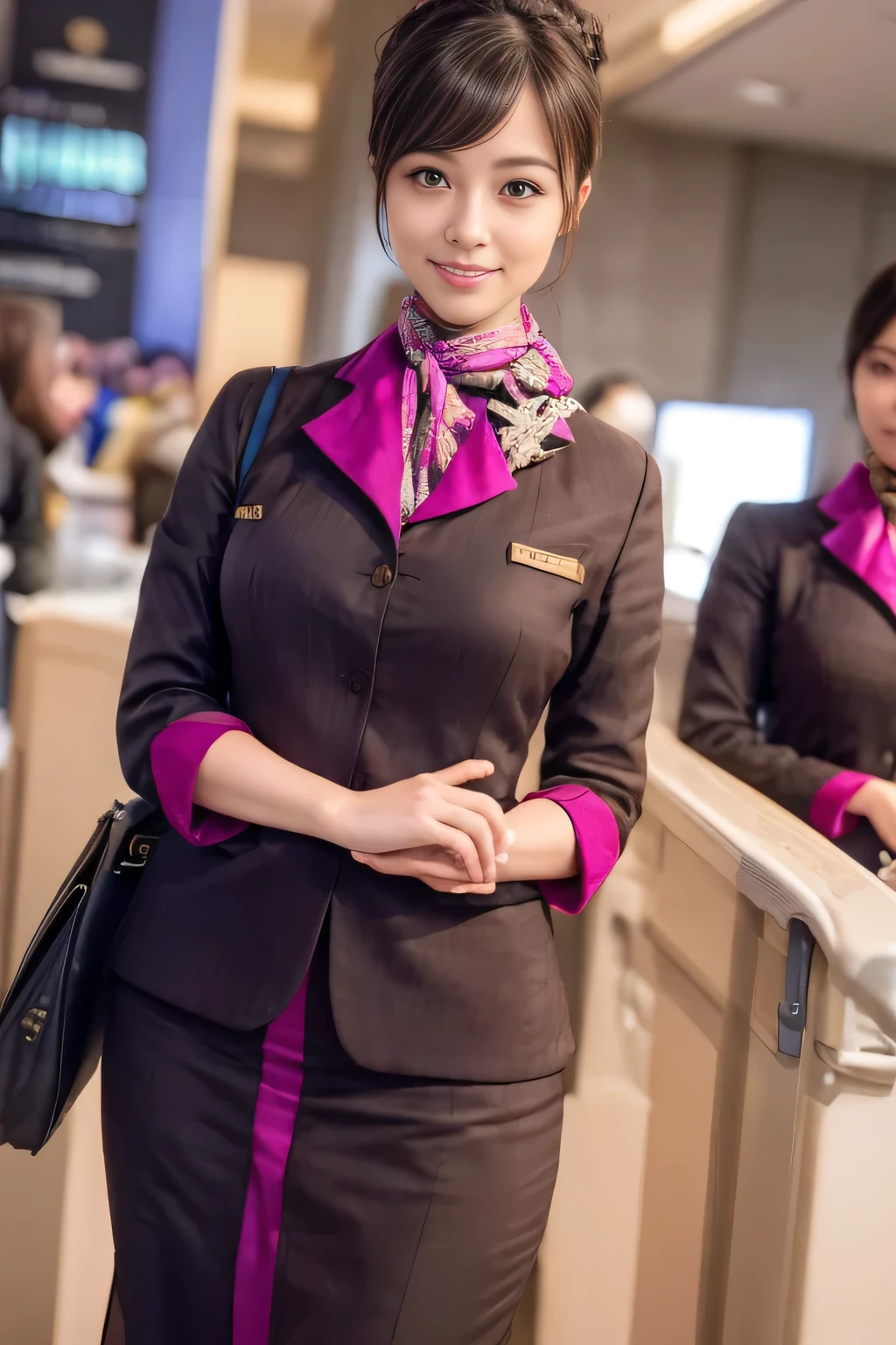 (masterpiece:1.2、highest quality:1.2)、32K HDR、High resolution、(alone、1 girl、Slim figure)、（A realistic reproduction of the ETIHAD Airways Cabincrew Uniform）、 (At the airport counter, Professional Lighting)、Airport counter wall background、A proper woman, Beautiful Face,、（Long sleeve ETIHAD Airways Cabincrew Uniform）、（ETIHAD Airways Cabincrew Uniform skirt with purple stripe on the front）、（scarf on chest）、Big Breasts、（Long Hair Up、Hair Bun）、Dark brown hair、Long Shot、（（Great hands：2.0））、（（Harmonious body proportions：1.5））、（（Normal limbs：2.0））、（（Normal finger：2.0））、（（Delicate eyes：2.0））、（（Normal eyes：2.0））)、Beautiful standing posture、smile