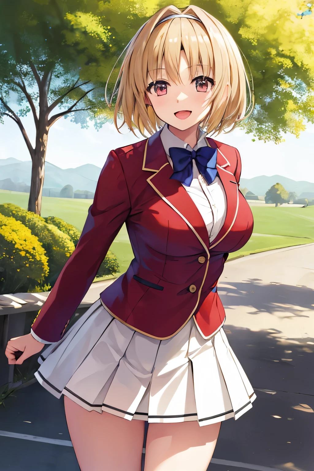 big , masterpiece, highest quality, High resolution, aakikyo, short hair, Hair Intake,Yellow Hair,White hair band, Blue bow tie, Collared shirt, blazer, Red jacket, Long sleeve, White Skirt, Pleated skirt, Black socks, Cowboy Shot, Are standing, Outdoor, Straight, Arms at your sides, smile, Open your mouth,