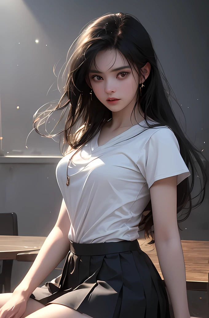 Absurd, High resolution, Very detailedな, Very detailed, 32k, 8K resolution, Intricate details, Movie Scenes, Detailed Background, alone, Dynamic Angle, alone, Hair blowing in the wind, (logo, masterpiece, 8k, Tabletop, RAW Photos, wonderful, 最high quality, Photorealistic and hVery detailed CG integrated 8k wallpaper, high quality, Very detailed, Narrative poem, Particle Effects, Dynamic Effects, Written boundary depth, Cinematic Light, Lens flare, Ray Tracing, Anatomically correct)), Fantasy, 1. Beautiful Women, (Realistic, Photorealistic:1.3), (8k, RAW Photos, 最high quality, masterpiece:1.2), a person standing, in a classroom, 1girl, skirt, phone, shirt, black hair, holding, white shirt, holding phone, long hair, cellphone, pleated skirt, feet out of frame