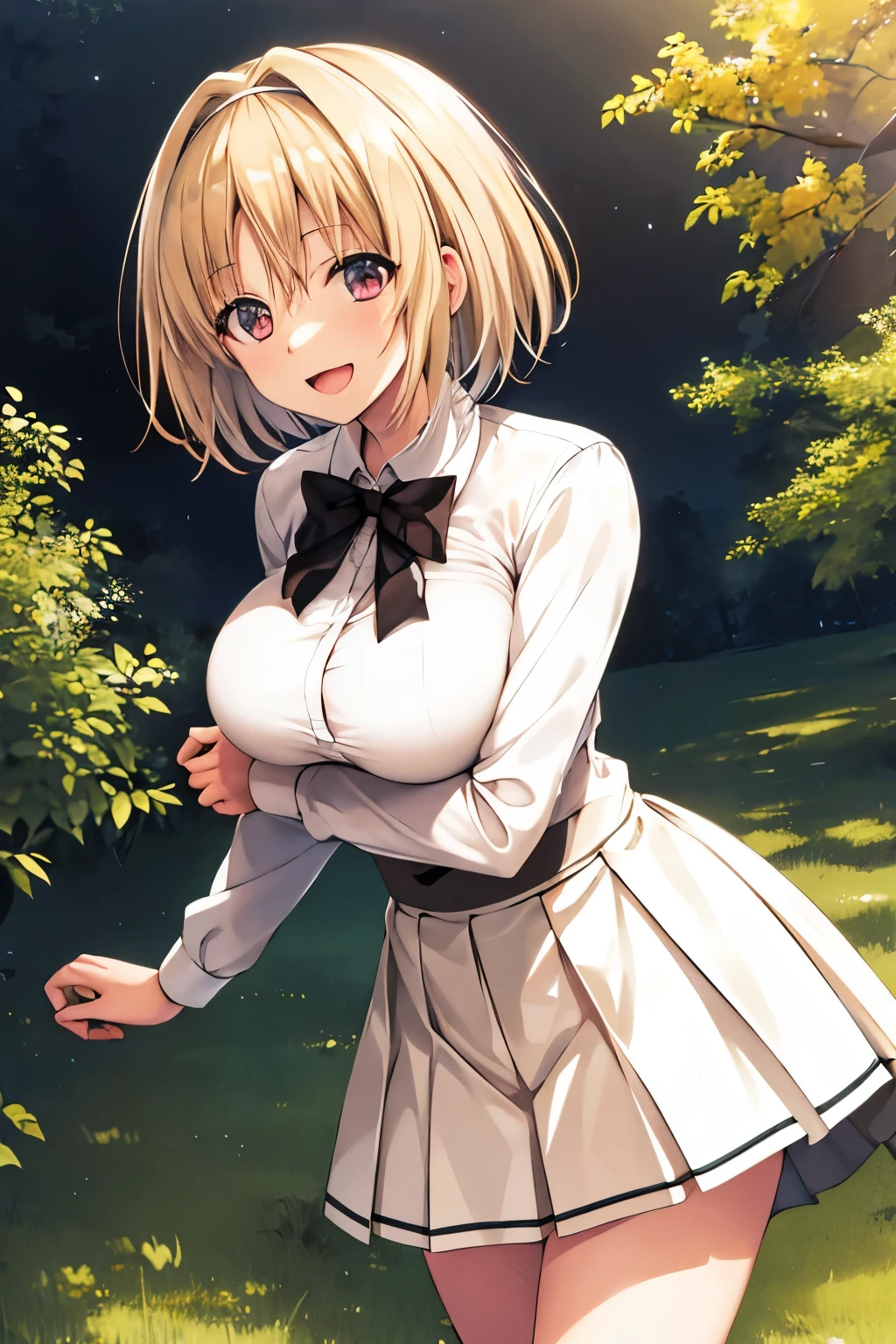 big , masterpiece, highest quality, High resolution, aakikyo, short hair, Hair Intake,Yellow Hair,White hair band, Collared shirt, Long sleeve, White Skirt, Pleated skirt, Black socks, Are standing, Outdoor, Straight, Arms at your sides, smile, Open your mouth,Hold the breasts with both hands