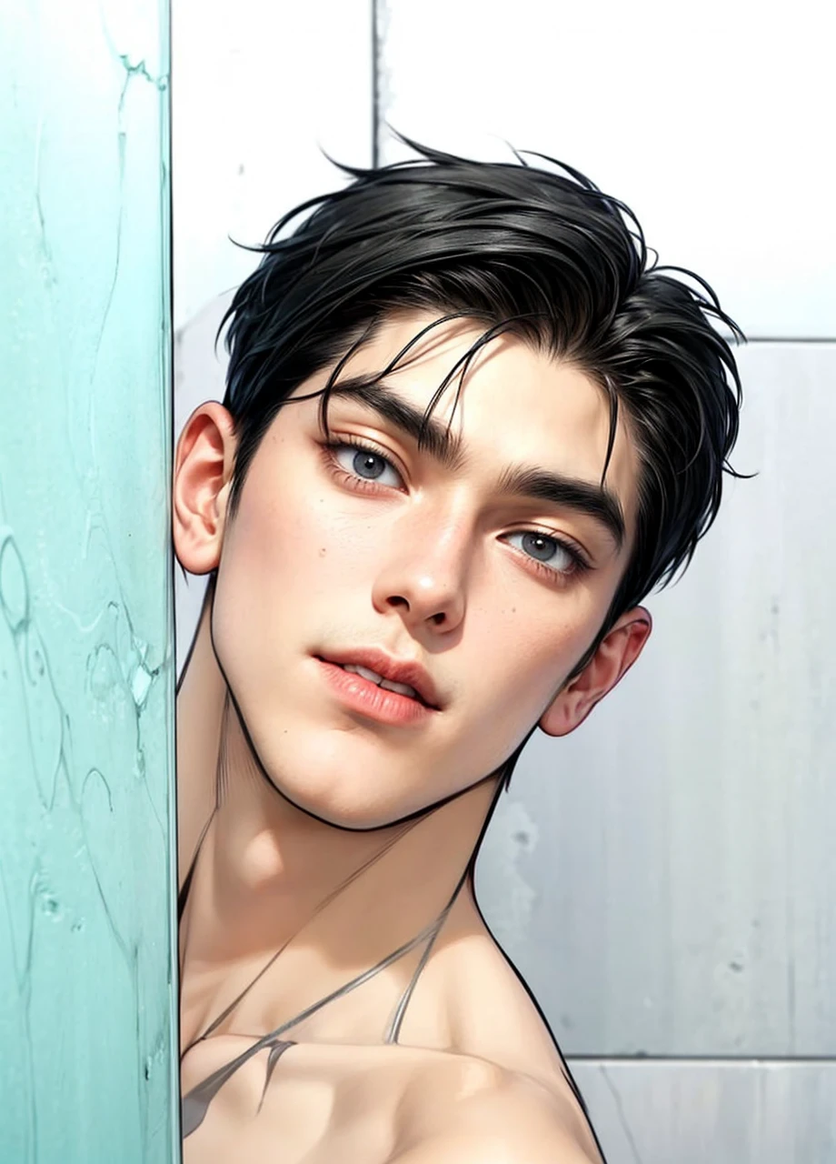 Masterpiece of man, Adult man with firm facial features like an Dutch, black eye, his nose is sharp, mature, black eyes, neat short balck hair, very handsome, white, clean, smooth skin, muscle body realistic, naked torso, 