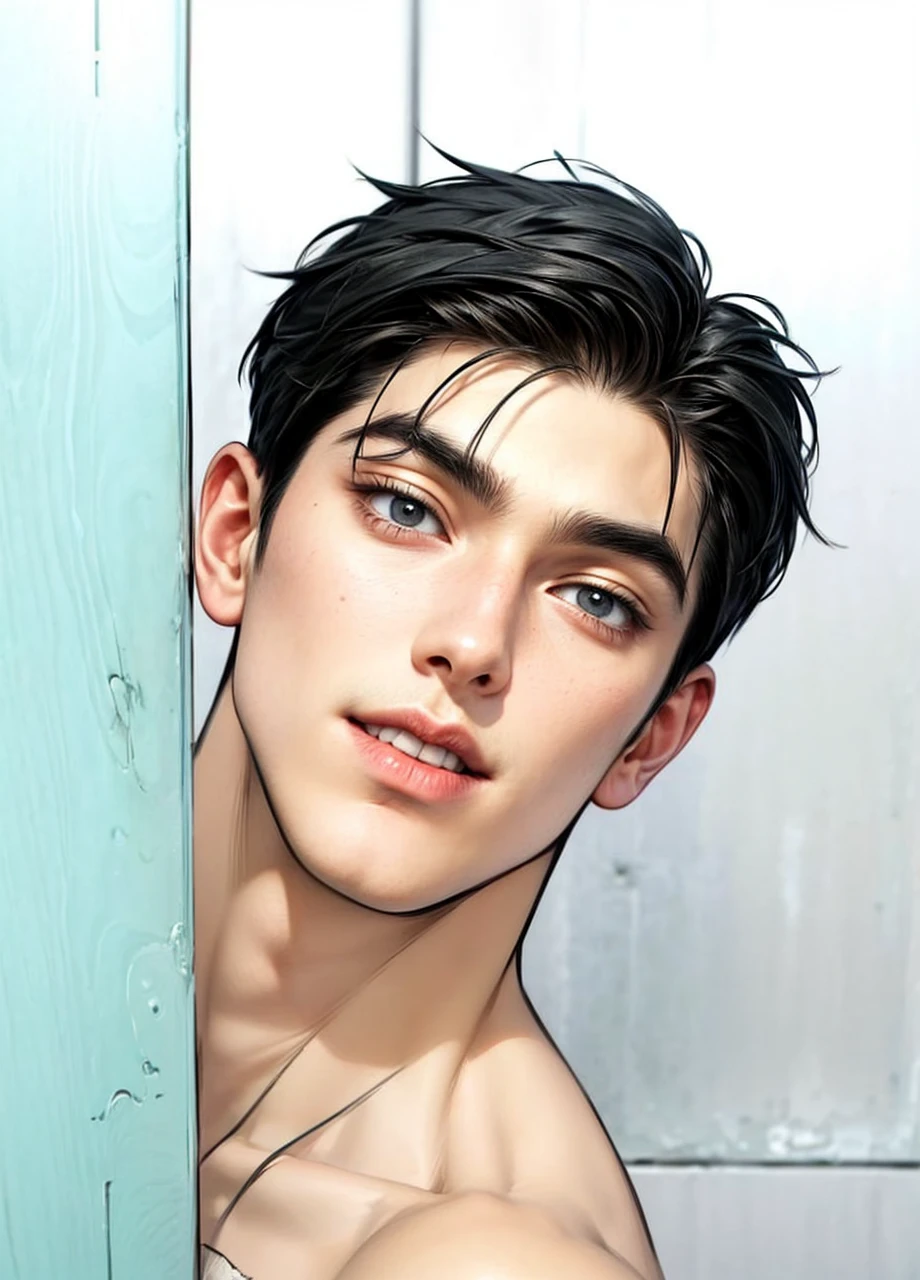 Masterpiece of man, Adult man with firm facial features like an Dutch, black eye, his nose is sharp, mature, black eyes, neat short balck hair, very handsome, white, clean, smooth skin, muscle body realistic, naked torso,