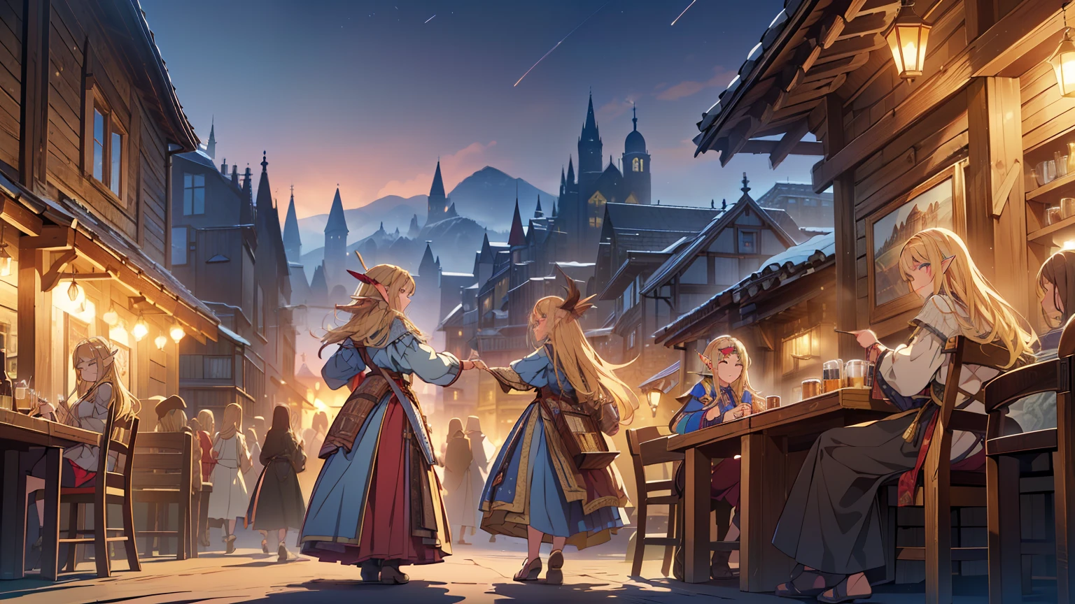 ((Top quality, 4k, 8k, high resolution, masterpiece: 1.2))), (super detailed), (realistic), (photorealistic), (photorealistic: 1.37), (HDR, UHD), (studio (lighting), ultra-fine drawing, sharp focus, physically based rendering, highly detailed, professional, vibrant colors, fantasy, medieval europe, tavern, old tavern in the countryside, (((outdoor))), seating, (((night))), (((dim))), medieval clothing, citizen's rags, long skirt, smile, girl clerk made of wood carrying beer mugs in both hands, long hair, blonde, elf, pointed ears, festival, carnival, festival decoration, lots of dancing people,