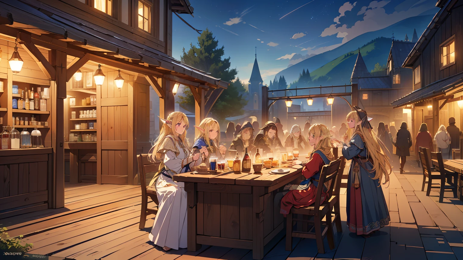 ((Top quality, 4k, 8k, high resolution, masterpiece: 1.2))), (super detailed), (realistic), (photorealistic), (photorealistic: 1.37), (HDR, UHD), (studio (lighting), ultra-fine drawing, sharp focus, physically based rendering, highly detailed, professional, vibrant colors, fantasy, medieval europe, tavern, old tavern in the countryside, (((outdoor))), seating, (((night))), (((dim))), medieval clothing, citizen's rags, long skirt, smile, girl clerk made of wood carrying beer mugs in both hands, long hair, blonde, elf, pointed ears, festival, carnival, festival decoration, lots of dancing people, 