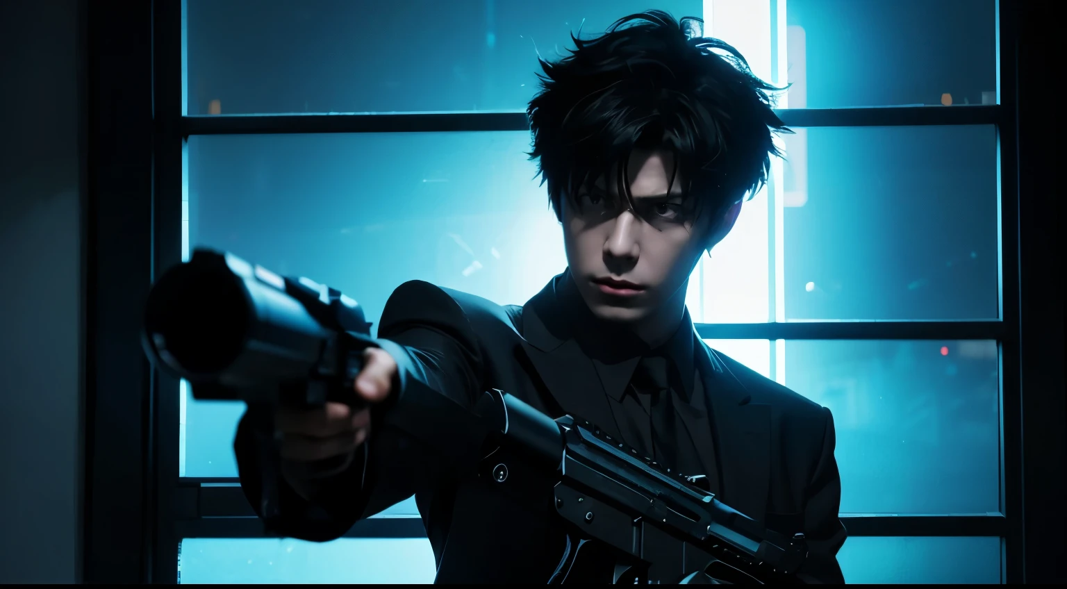art style in the style of psycho-pass, dominator gun, anime, kogami, wielding dominator gun, dark metro, window with light, night time, neon lights in background, dramatic dark lighting