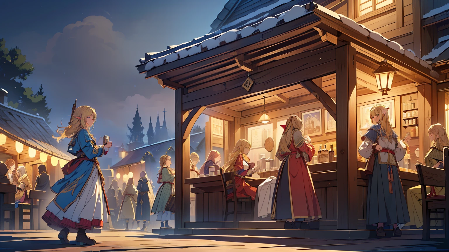 ((Top quality, 4k, 8k, high resolution, masterpiece: 1.2))), (super detailed), (realistic), (photorealistic), (photorealistic: 1.37), (HDR, UHD), (studio (lighting), ultra-fine drawing, sharp focus, physically based rendering, highly detailed, professional, vibrant colors, fantasy, medieval europe, tavern, old tavern in the countryside, (((outdoor))), seating, (((night))), (((dim))), medieval clothing, citizen's rags, long skirt, smile, girl clerk made of wood carrying beer mugs in both hands, long hair, blonde, elf, pointed ears, festival, carnival, festival decoration, (((A large number of people standing up and dancing))),