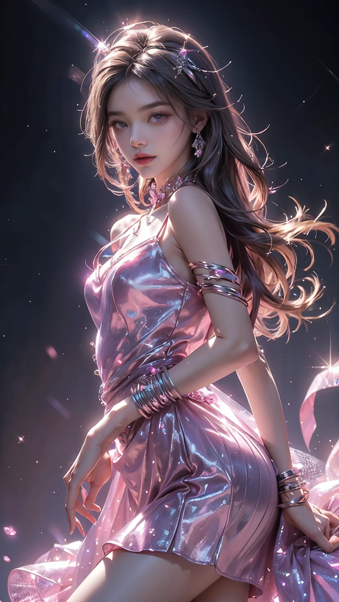 4K, UHD, masterpiece, Best quality, 1 girl, detailed face, detailed eyes, realistic Eyelid, Kda, Alone, very Long hair, small breasts, ((pink sparkle dress)), ankle-length skirt, ((mesh sardine)), ((bare waits)), looking at viewert, Multicolored glowing crystals, heart sparkle, neon sparkle, bloom, ray tracing, god rays, HDR, DSLR,