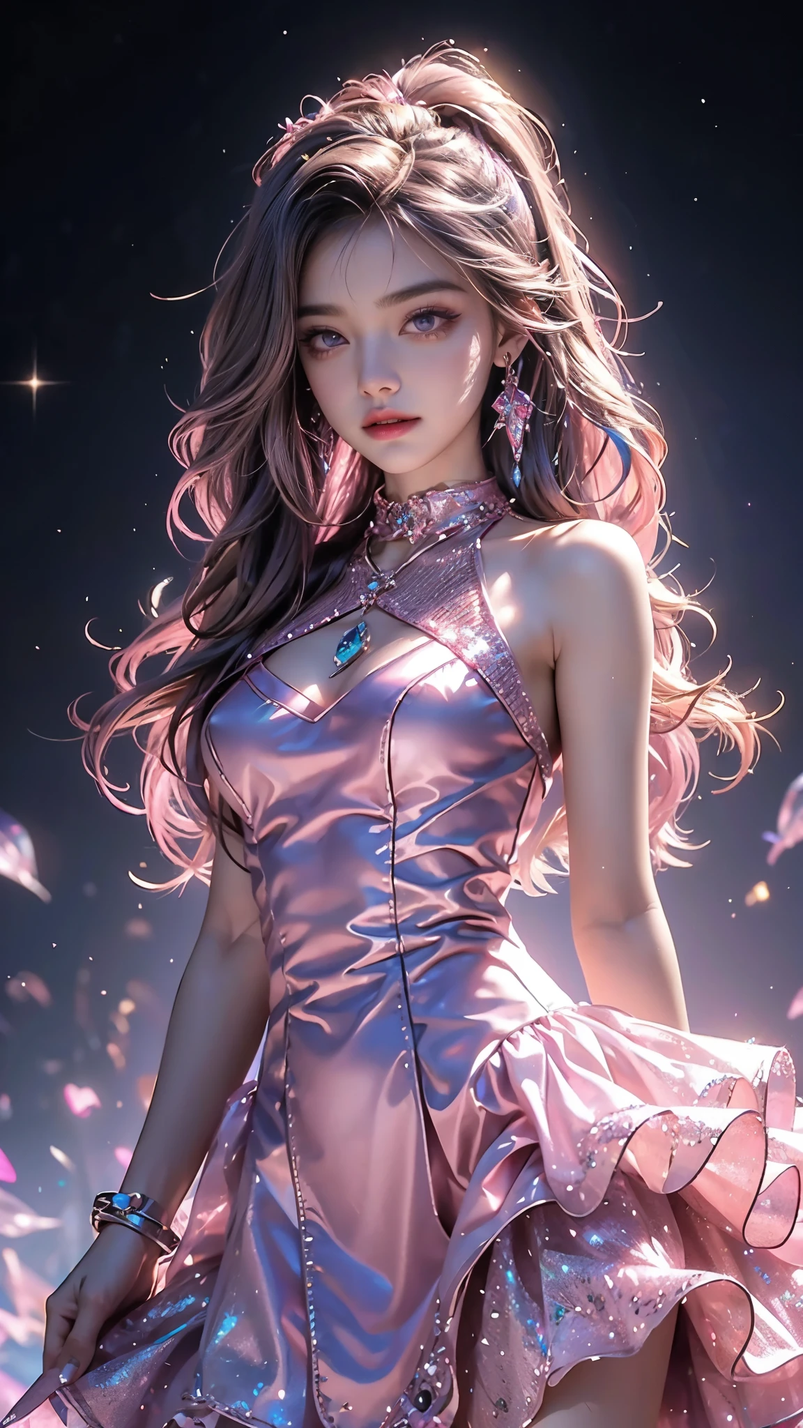 4K, UHD, masterpiece, Best quality, 1 girl, detailed face, detailed eyes, realistic Eyelid, Kda, Alone, very Long hair, small breasts, ((pink sparkle dress)), ankle-length skirt, ((mesh sardine)), ((bare waits)), looking at viewert, Multicolored glowing crystals, heart sparkle, neon sparkle, bloom, ray tracing, god rays, HDR, DSLR,