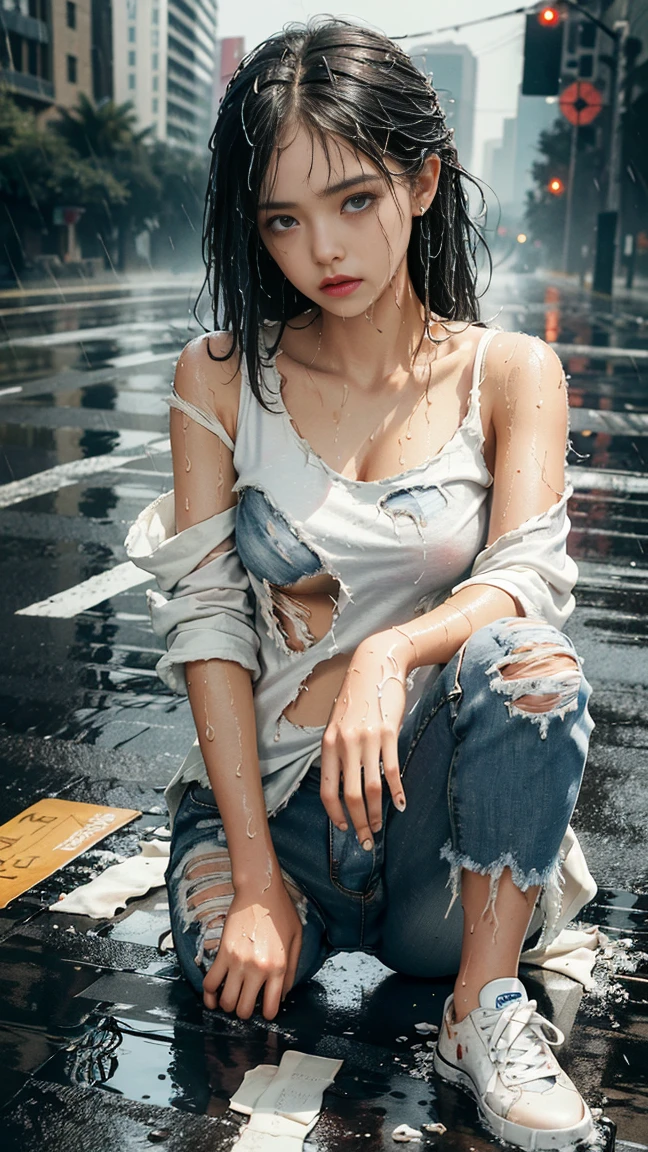 best image quality, masterpiece, super high resolution, (fidelity:1.4), photo, 1 girl, white shirt, torn jeans, white sneakers, dim, darkness, despair, pity, poor, movie, tears, teardrops, (torn clothes:1.5), (wet clothes:1.4), bare shoulders, real rain, wet hair,..