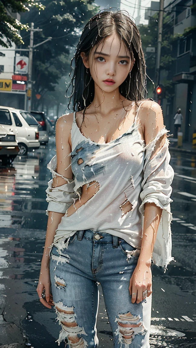 best image quality, masterpiece, super high resolution, (fidelity:1.4), photo, 1 girl, white shirt, torn jeans, white sneakers, dim, darkness, despair, pity, poor, movie, tears, teardrops, (torn clothes:1.5), (wet clothes:1.4), bare shoulders, real rain, wet hair,..