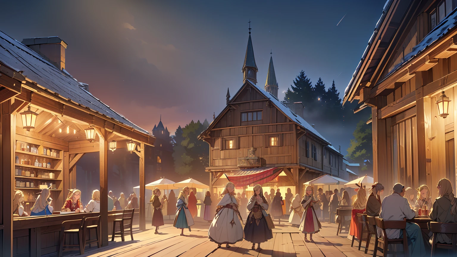 ((Top quality, 4k, 8k, high resolution, masterpiece: 1.2))), (super detailed), (realistic), (photorealistic), (photorealistic: 1.37), (HDR, UHD), (studio (lighting), ultra-fine drawing, sharp focus, physically based rendering, highly detailed, professional, vibrant colors, fantasy, medieval europe, tavern, old tavern in the countryside, (((outdoor))), seating, (((night))), (((dim))), medieval clothing, citizen's rags, long skirt, smile, girl clerk made of wood carrying beer mugs in both hands, long hair, blonde, elf, pointed ears, festival, carnival, festival decoration, (((A large number of people standing up and dancing))),