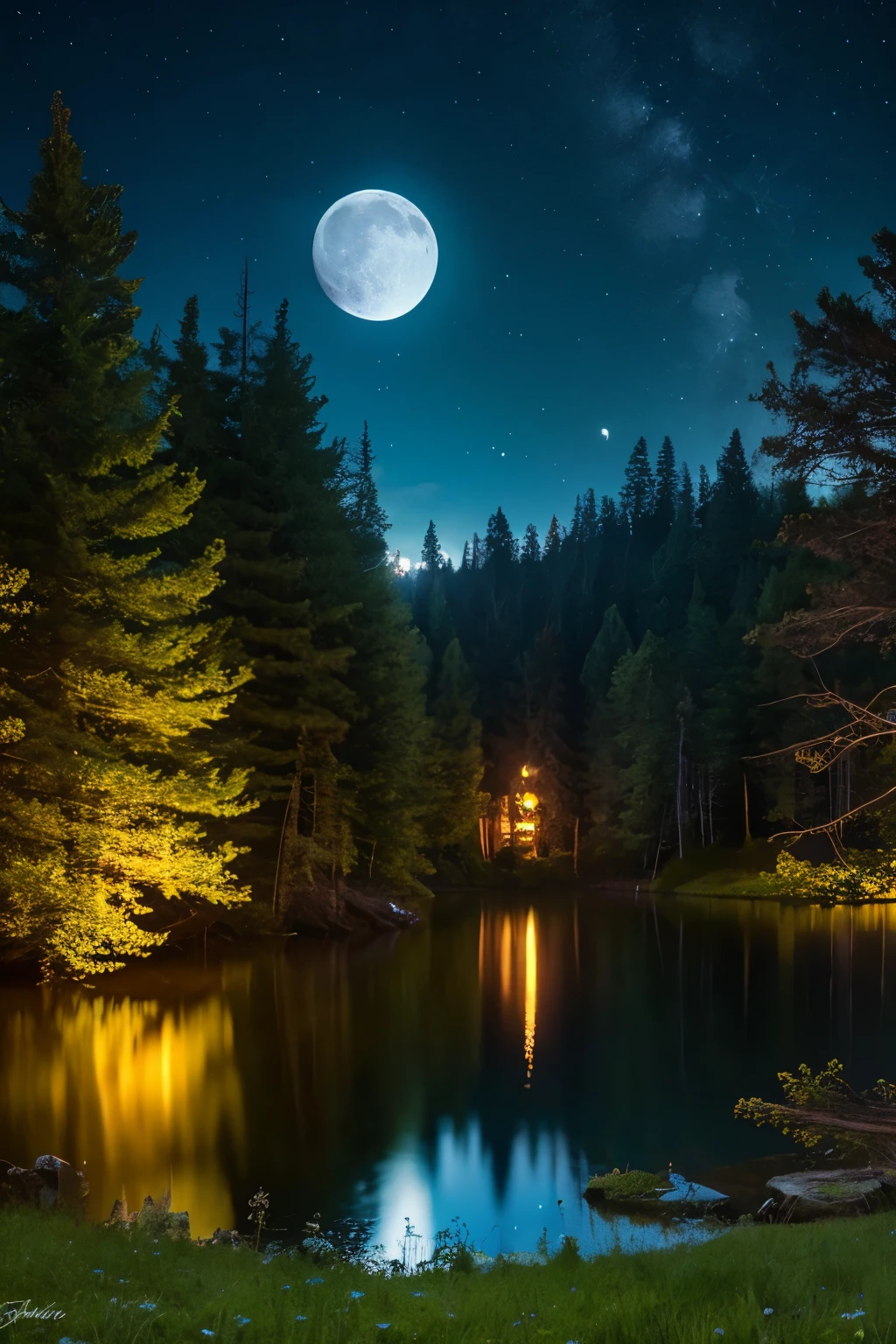 Fantasy forest lake moon Starry Sky