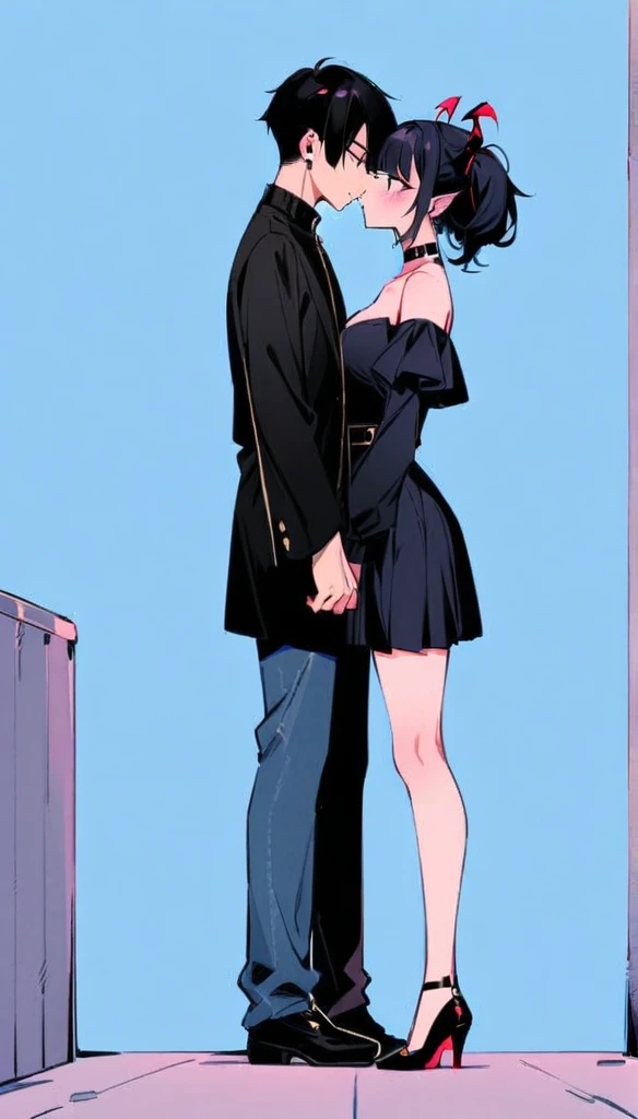 (best quality:1.2), 1 demon girls,1 nephilim boy,, face to face, looking at each other, standing apart, both standing apart, kissing, blue jeans, full body