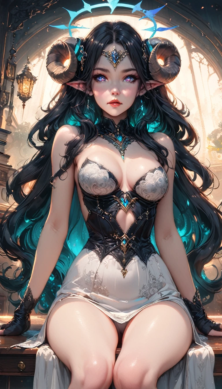 8k_wallpaper, extremely detailed eyes, extremely detailed body, (large masterpiece digital art), (detailed manga illustration), (detailed line art), ((perfect anatomy)), (intricate details:1.3), (ultra-detailed:1.3), (illustration:1.3), (sharp focus:1.3), (natural lighting:1.05), (vivid colors:1.3), (masterpiece), (best quality:1.4), (perfect anatomy:1.4), high quality, expressive eyes, full body, detailed face, beautiful face, perfect face, 1 girl, medium breasts, black hair, curly hair, wild hair, detailed hair, white dress shirt, black pants, pale skin, sapphire-blue eyes, demon, blue halo, sheep horns, curled horns, (horizontal pupils), sexy face, pointy ears, splash art, the demon girl, curvy, sitting in an office chair at a desk with feet on desk, black high heels,