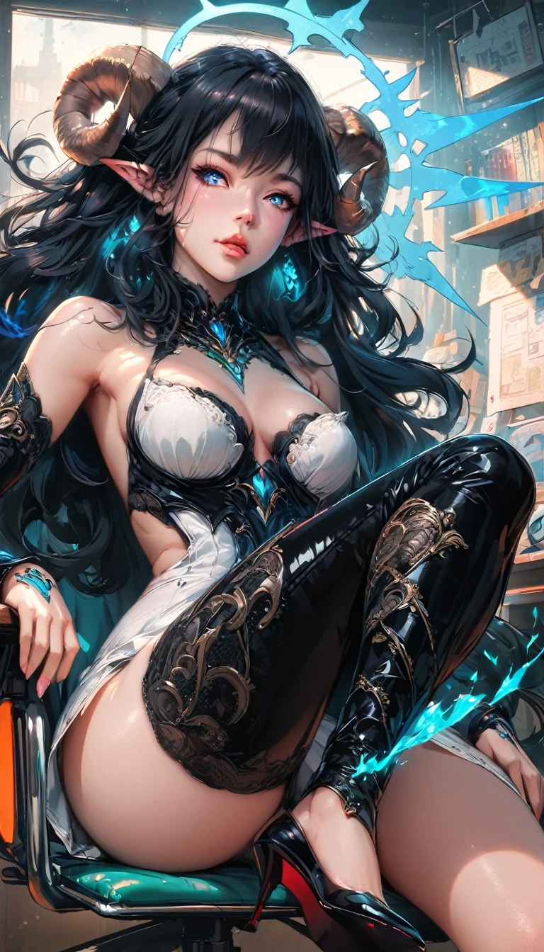 8k_wallpaper, extremely detailed eyes, extremely detailed body, (large masterpiece digital art), (detailed manga illustration), (detailed line art), ((perfect anatomy)), (intricate details:1.3), (ultra-detailed:1.3), (illustration:1.3), (sharp focus:1.3), (natural lighting:1.05), (vivid colors:1.3), (masterpiece), (best quality:1.4), (perfect anatomy:1.4), high quality, expressive eyes, full body, detailed face, beautiful face, perfect face, 1 girl, medium breasts, black hair, curly hair, wild hair, detailed hair, white dress shirt, black pants, pale skin, sapphire-blue eyes, demon, blue halo, sheep horns, curled horns, (horizontal pupils), sexy face, pointy ears, splash art, the demon girl, curvy, sitting in an office chair at a desk with feet on desk, black high heels,