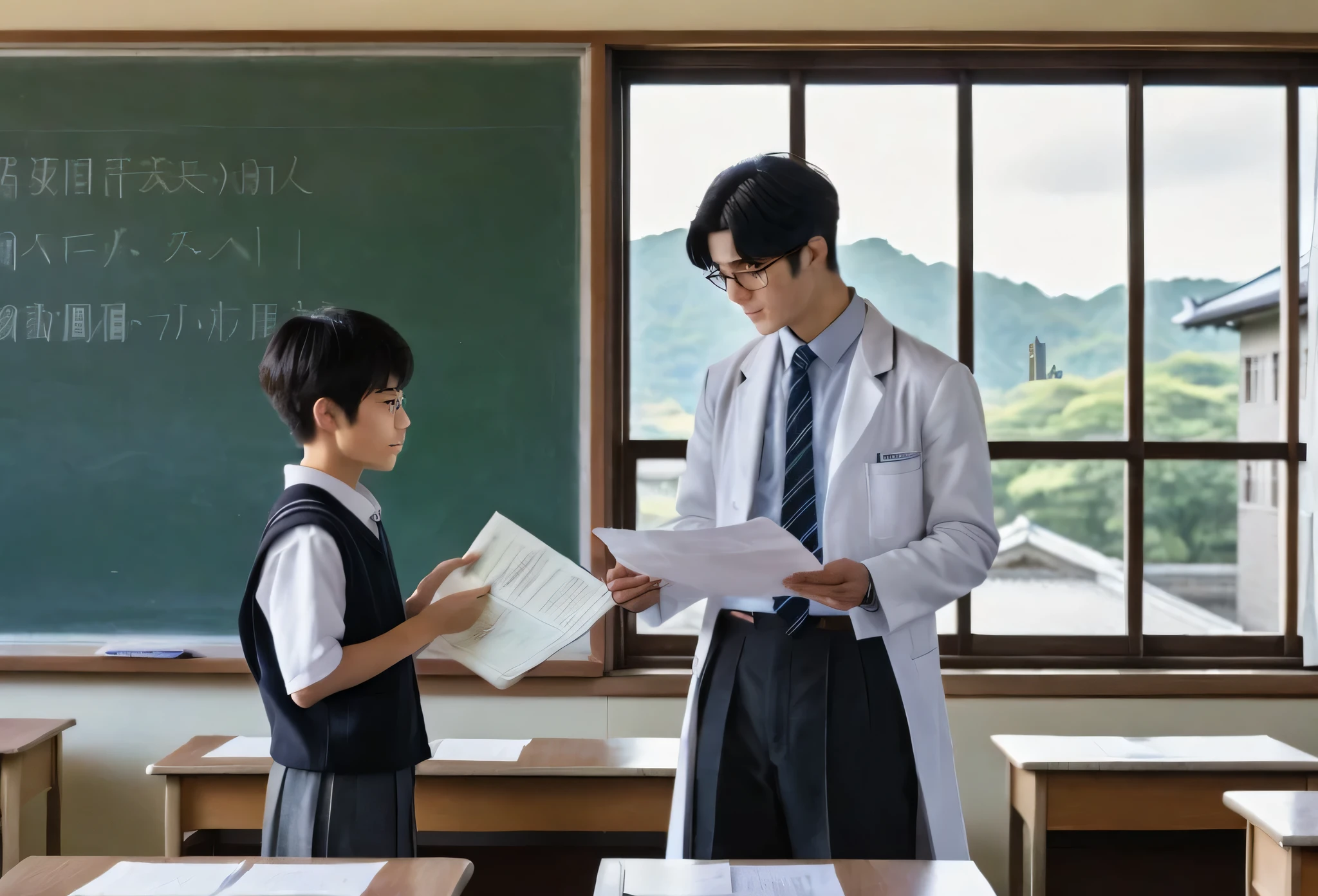 two boys are standing in the classroom reading a book, action scene, still from an action movie, Japanese fiction film, more from the movie, First scene, movie scene, more from the movie, main scene of the film, screenshot from the film, Japanese High School, anime another movie anime shikishi, High dramaturgy