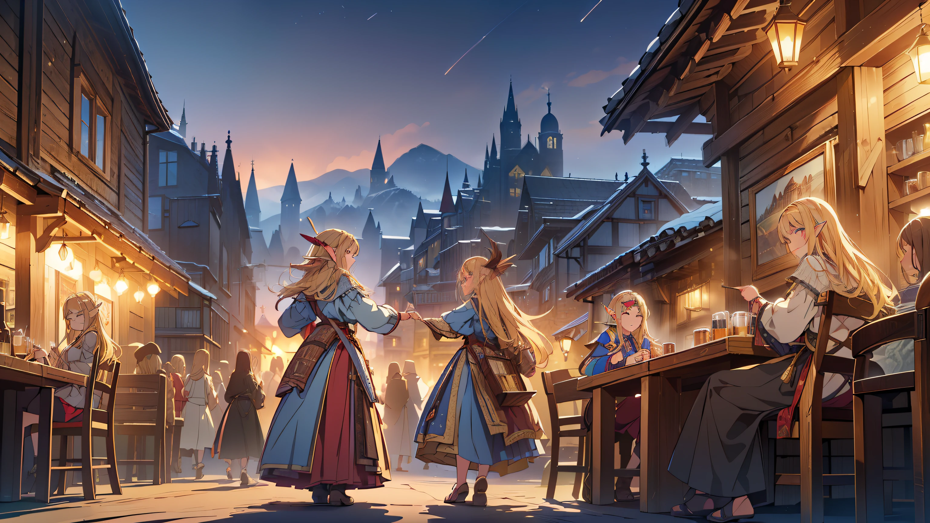 ((Top quality, 4k, 8k, high resolution, masterpiece: 1.2))), (super detailed), (realistic), (photorealistic), (photorealistic: 1.37), (HDR, UHD), (studio (lighting), ultra-fine drawing, sharp focus, physically based rendering, highly detailed, professional, vibrant colors, fantasy, medieval europe, tavern, old tavern in the countryside, (((outdoor))), seating, (((night))), (((dim))), medieval clothing, citizen's rags, long skirt, smile, girl clerk made of wood carrying beer mugs in both hands, long hair, blonde, elf, pointed ears, festival, carnival, festival decoration, lots of dancing people,