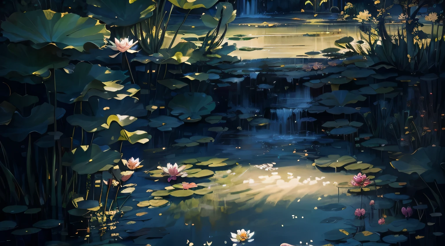 There is a pond in the middle,There are water lilies in the pond,There is also spring water flowing down,The spring water is flowing slowly,Fall, author:Li Song, Beautiful anime scene, author:Yang Jie, Ross Chen. Landscape background, Tranquility illustration, Beautiful digital artwork, author:Ju Chao, Lotus Pond, author Ni Tian, Anime beautiful peaceful scene, Beautiful concept art, A beautiful artistic illustration, Reflection. author:Shinkai Makoto, beautiful depiction,There are several lotus leaves in the pond,
