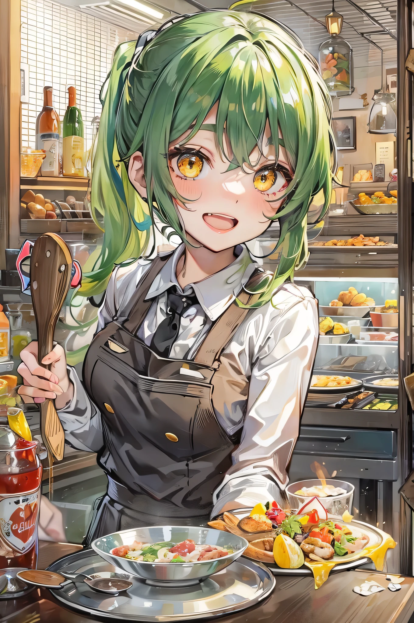 (Waitress Style) (solo ponytail green hair, long hair cute:1.2 waitress girl, cute half-closed:0.7 yellow eyes, love smile, open mouth), (15 yo) (in a cute waitress uniform, lovely skirt, heart apron), (hand holding a A tray carrying food), BREAK, (in the lovely Trattoria), perfect anatomy, masterpiece, best quality, 16k, beautiful detailed grow, daydreaming expression)