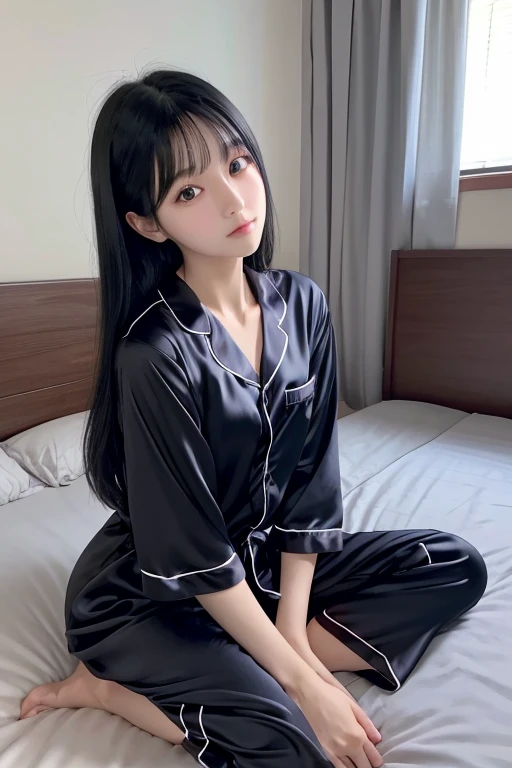 Japanese、Idol-like beautiful girl、18-year-old、Black Hair、Large, clear grey eyes、Long eyelashes、Wearing black silk pajamas、Waking up、Sitting、Her clothes are disheveled and her shoulders are visible.、Leaning forward with both arms on the bed