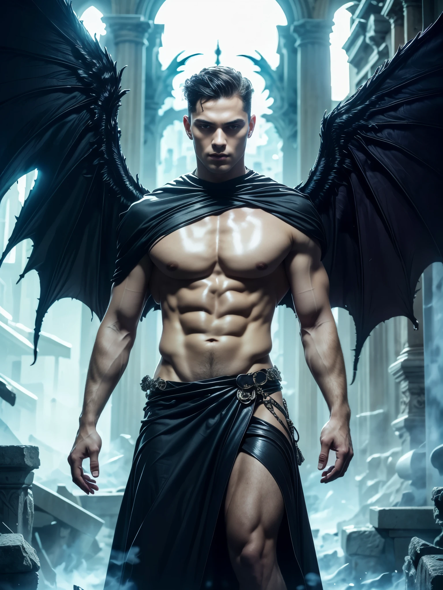 Photo-realistic, ((best quality)), ((masterpiece)), (detailed), perfect face, short hair, the devil, masculine portrait of the devil, personification of The Devil, evil look, super pale skin, (dark massive huge majestic black angel wings:1.2), black dragon horns, 18-year-old, super male model, handsome, tall, cute evil looking, dark look powerful, young male model, handsome mythical creature, super strong, muscular, fit, massive muscles, six pack, clean shave, blue eyes. wavy messy brown hair, short messy hair, messy wavy hair, shirtless, bare-chested, muscle, ripped, strong body, fit body, ancient linen Greek small skirt, antique black linen raped cloth skirt, Dark background 8k, high detailed, ultra-detailed, Stylish Pose, real skin texture, dark cinematic lighting, ruins Gothic cathedral, ruins, fire, floor burning