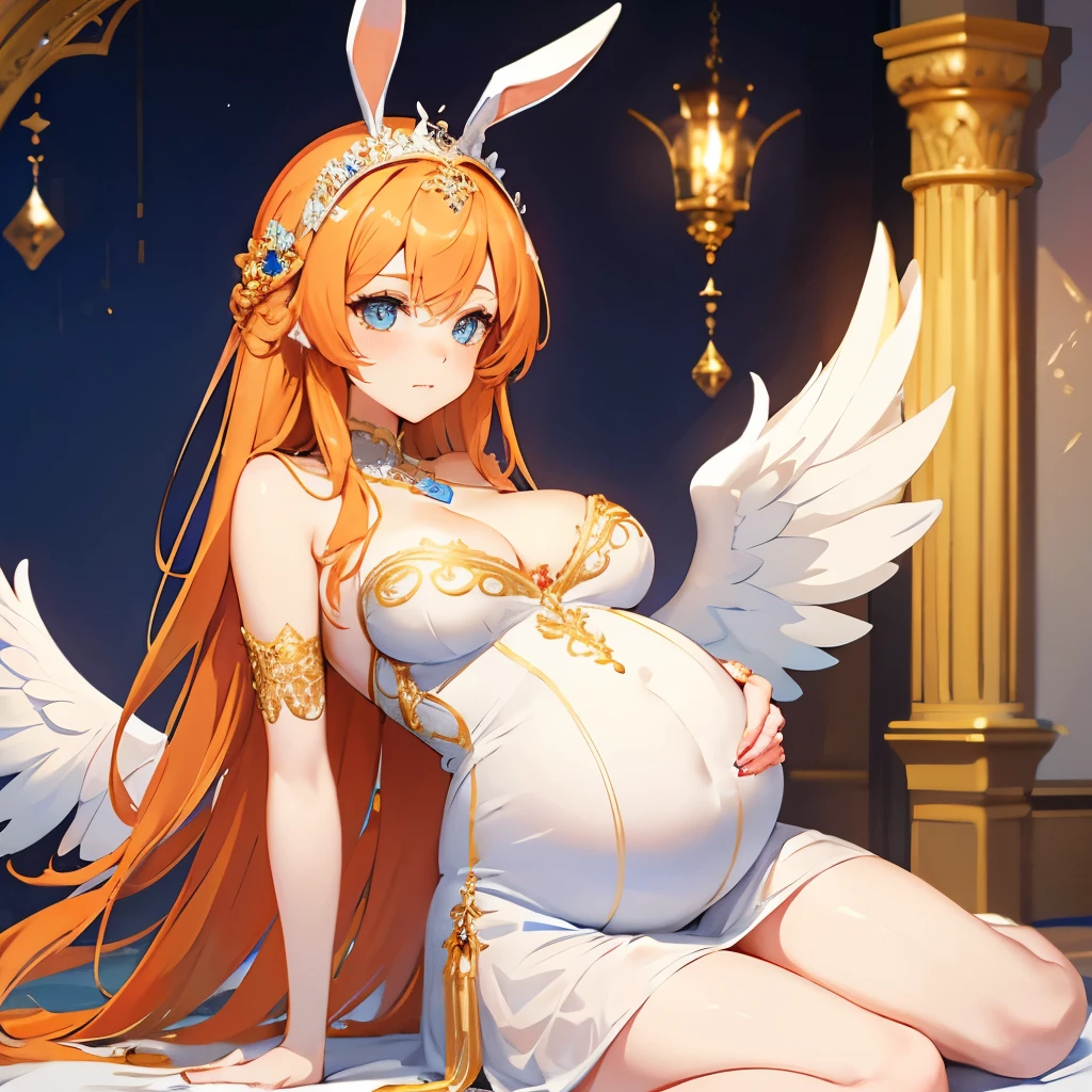 Beautiful pregnant female angel, elegant ornate detailed and tight white dress with gold details, blue gems, mature, bunny ears, orange hair, piercing blue eyes, wants to have sex with me, cleavage, fully body shot, angel wings 