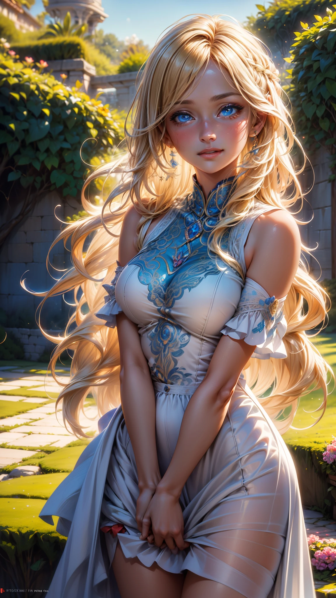 Detailed portrait of a beautiful woman with long blonde hair, standing in a garden surrounded by flowers, with a soft and gentle expression on her face, her blue eyes sparkling with a hint of tears, wearing casual clothes. (Best quality,8k,highres,masterpiece:1.2),ultra-detailed,(realistic,photorealistic,photo-realistic:1.37),HDR,UHD,studio lighting,ultra-fine painting,sharp focus,physically-based rendering,extreme detail description,professional,vivid colors,bokeh,portrait,photography,soft tones,warm and gentle lighting,(smooth straight blonde hair:1.2),(hair parted in the middle:1.2),(glowing hair),(deep blue eyes:1.3),smiling with tears in her eyes,with an overflowing soft and gentle feeling,multiple corner turns,visible emotions and specific emotions,I want to believe,long-haired beautiful girl fluttering in the wind,the promenade is full of flowers,create colorful reflections,the sun's rays illuminate joy and pure love,cast a warm golden glow on the girl's face,their love is like a blessing from God,free yourself from the hassles of this world,the atmosphere is full of happiness and laughter,it's like heaven,as if celebrating love,a combination of digital illustrations and photos,sticking to ultra-detailed depictions and vibrant colors,a style that blends romanticism and realism,you can feel the depth of love,soft pastel tones,an ethereal atmosphere like a dream,a gentle light on your face,the warmth of the hug increases,a meticulously crafted masterpiece to capture the essence of an unbreakable bond