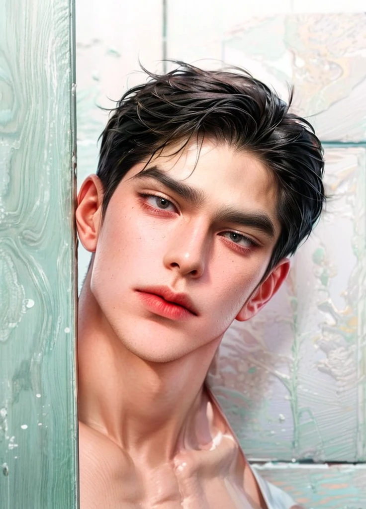 Masterpiece of man, Adult man with firm facial features like an Dutch, black eye, his nose is sharp, mature, black eyes, neat short balck hair, very handsome, white, clean, smooth skin, muscle body realistic, naked torso, 