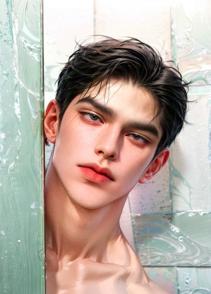 Masterpiece of man, Adult man with firm facial features like an Dutch, black eye, his nose is sharp, mature, black eyes, neat short balck hair, very handsome, white, clean, smooth skin, muscle body realistic, naked torso,