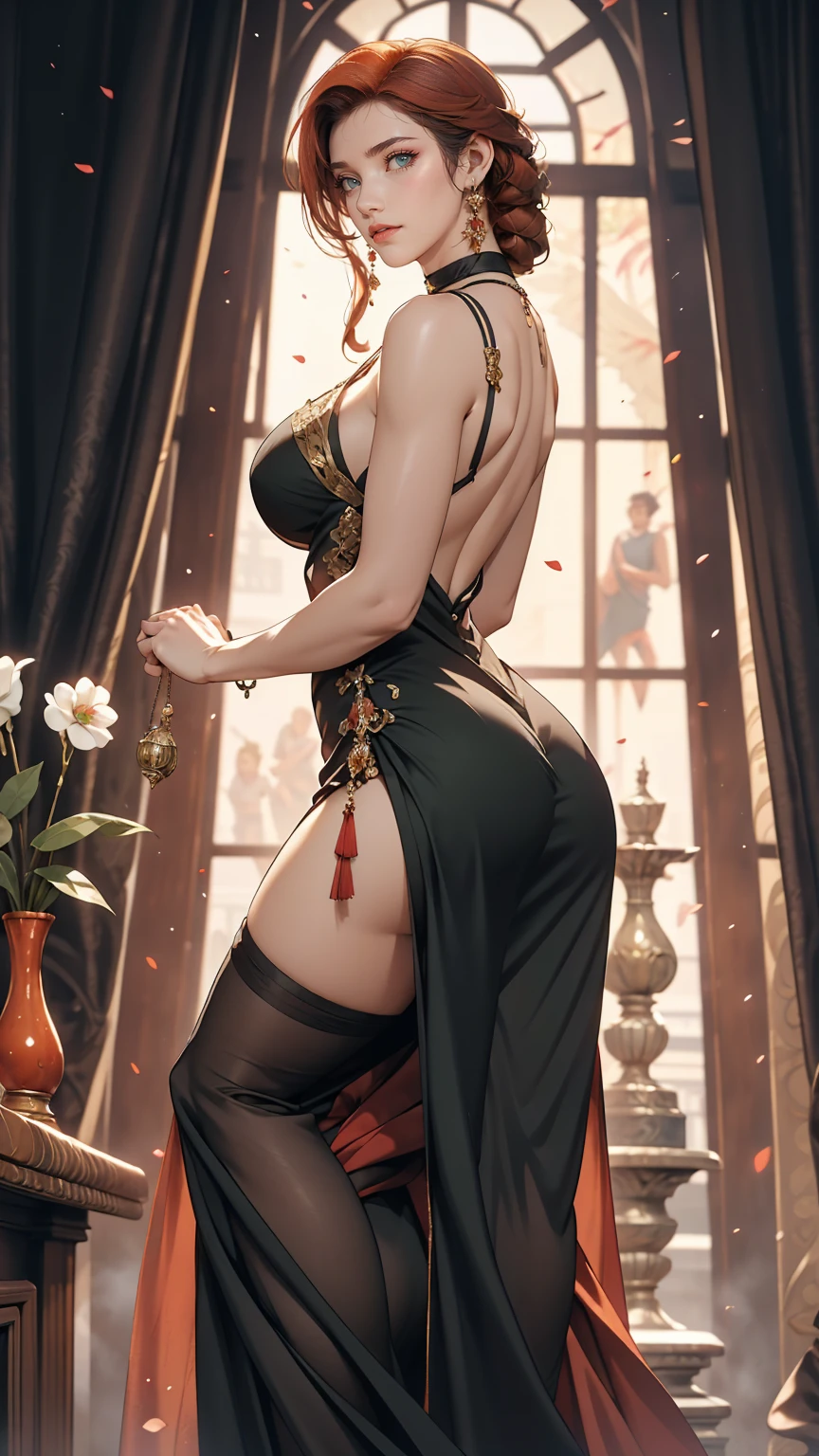 Foto de uma mulher com cabelos ruivos e um aperto de morte em um Black Dress, John Collier's Art Style, Copper Haired Virgin, Styled by Karol Back, Young Redheadの, Portrait of a Young Witch, No Bow Water Art Style, stage manager: Robert Lankiewicz, Gerald Brohm, Alberto Lynch, Portrait of Princess Merida, Dave Sim, 暗い宮殿のRedhead, Kokosnitsa black and purple velvet dress, Luxury Gypsy Clothing, Head ornament, Lace choker, masterpiece, highest quality, (Odin), (Perfect Face: 1.3), (Very detailed: 1.2), dramatic, 1 girl, Angel, (Pale skin), Long Red Hair, Redhead escuro, (Huge breasts), Thin eyebrows,,,,,,,,,, Long Hair, At night, Purple and black medieval gypsy dress, A lot of gems, Head ornaments, Brown eyes, The navel is covered......., Thick lips, bent, (Put your hands behind your back: 1.4), Dealt with, Detailed palace background, Arte de Artgerm and Greg Rutkowski, Cinema Lighting, , fashion, balenciaga, Alexander McQueen, bright, 銅色のRedhead, 銅色のRedhead, Redhead, mulher Redheadの, Lindo Redhead, Redheadの, Pale skin, Fat Bottle, Big Lips, Juicy lips Beautiful lips, Beautiful Eyes, A little fat Buchachas, Round face, A little fat young woman, A little fat , Caboz, Gordes, Woman with Cabozby body, A little fat woman, Black Dress, Stretching his whole body towards the viewer in a sulky manner.), (Green Eyes: 1.3)