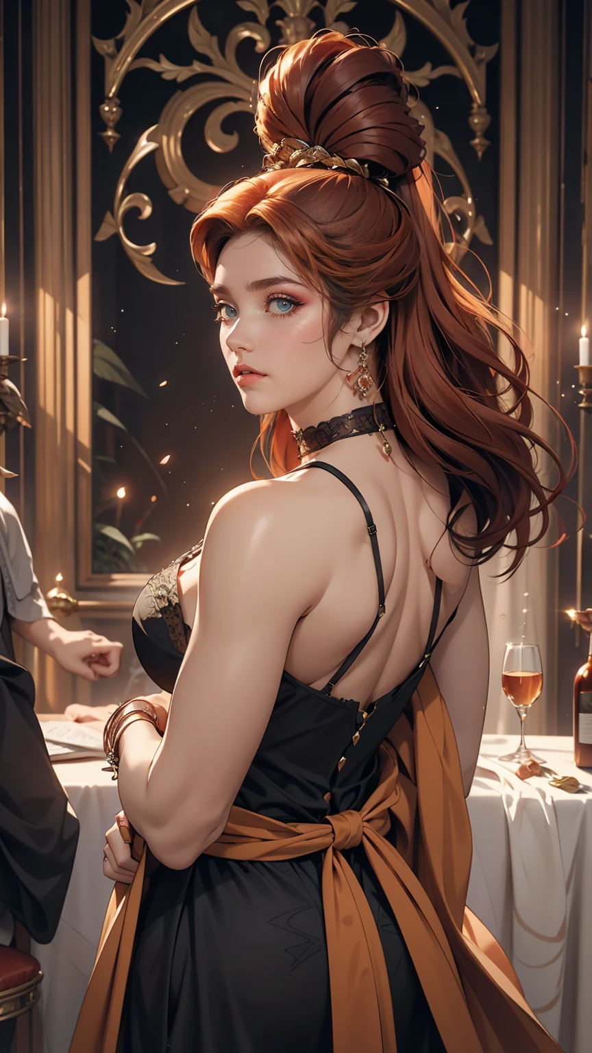 Foto de uma mulher com cabelos ruivos e um aperto de morte em um Black Dress, John Collier's Art Style, Copper Haired Virgin, Styled by Karol Back, Young Redheadの, Portrait of a Young Witch, No Bow Water Art Style, stage manager: Robert Lankiewicz, Gerald Brohm, Alberto Lynch, Portrait of Princess Merida, Dave Sim, 暗い宮殿のRedhead, Kokosnitsa black and purple velvet dress, Luxury Gypsy Clothing, Head ornament, Lace choker, masterpiece, highest quality, (Odin), (Perfect Face: 1.3), (Very detailed: 1.2), dramatic, 1 girl, Angel, (Pale skin), Long Red Hair, Redhead escuro, (Huge breasts), Thin eyebrows,,,,,,,,,, Long Hair, At night, Purple and black medieval gypsy dress, A lot of gems, Head ornaments, Brown eyes, The navel is covered......., Thick lips, bent, (Put your hands behind your back: 1.4), Dealt with, Detailed palace background, Arte de Artgerm and Greg Rutkowski, Cinema Lighting, , fashion, balenciaga, Alexander McQueen, bright, 銅色のRedhead, 銅色のRedhead, Redhead, mulher Redheadの, Lindo Redhead, Redheadの, Pale skin, Fat Bottle, Big Lips, Juicy lips Beautiful lips, Beautiful Eyes, A little fat Buchachas, Round face, A little fat young woman, A little fat , Caboz, Gordes, Woman with Cabozby body, A little fat woman, Black Dress, Stretching his whole body towards the viewer in a sulky manner.), (Green Eyes: 1.3)