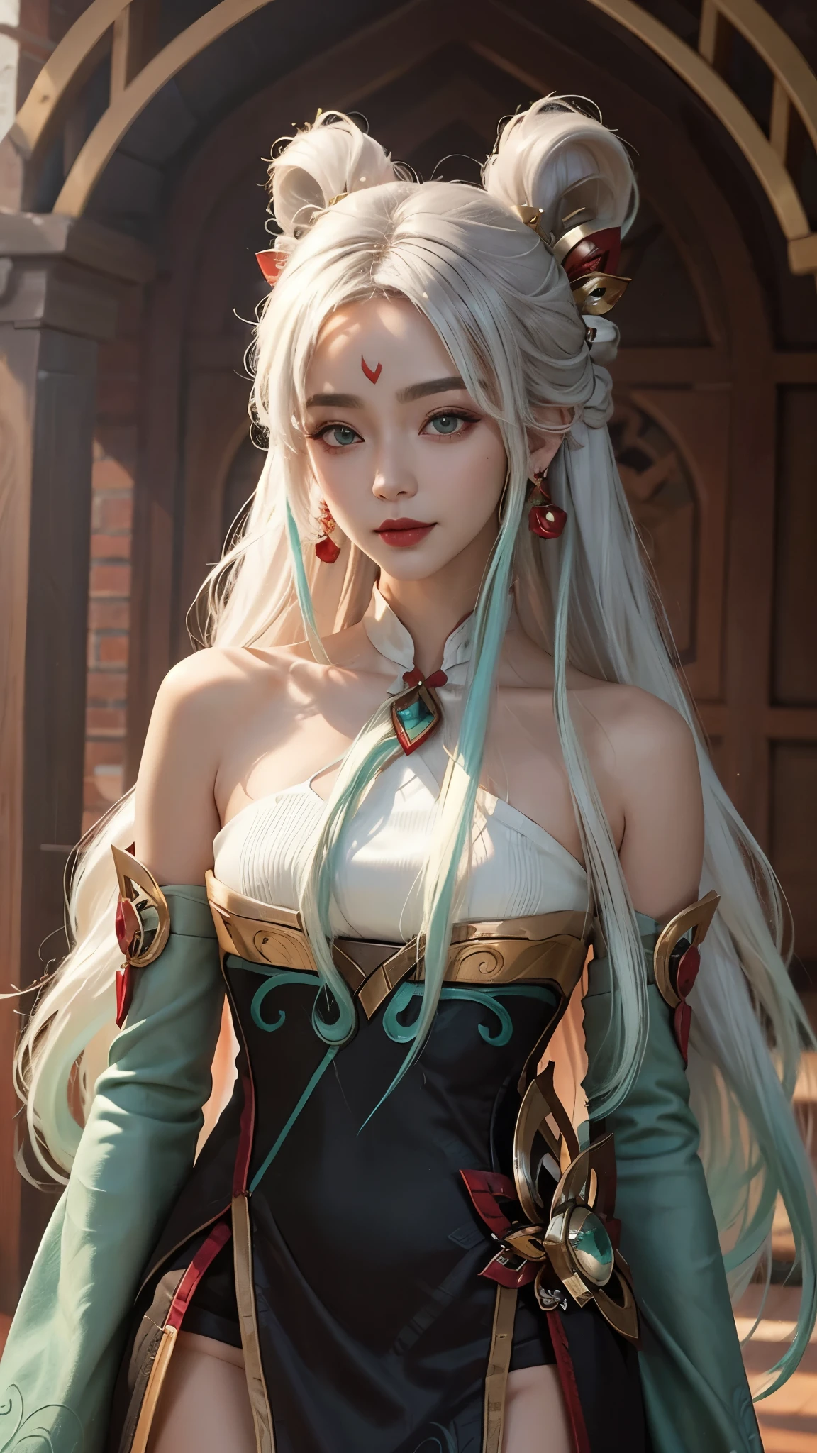 (masterpiece, best quality:1.2), intricate details, mythmaker irelia, 1girl, hair ornament, hair rings, bare shoulders, dress, detached sleeves, forehead mark, multicolored hair, white hair, earrings, green eyes, textured skin, looking at viewer, solo, light smile, (mature female:1.2)