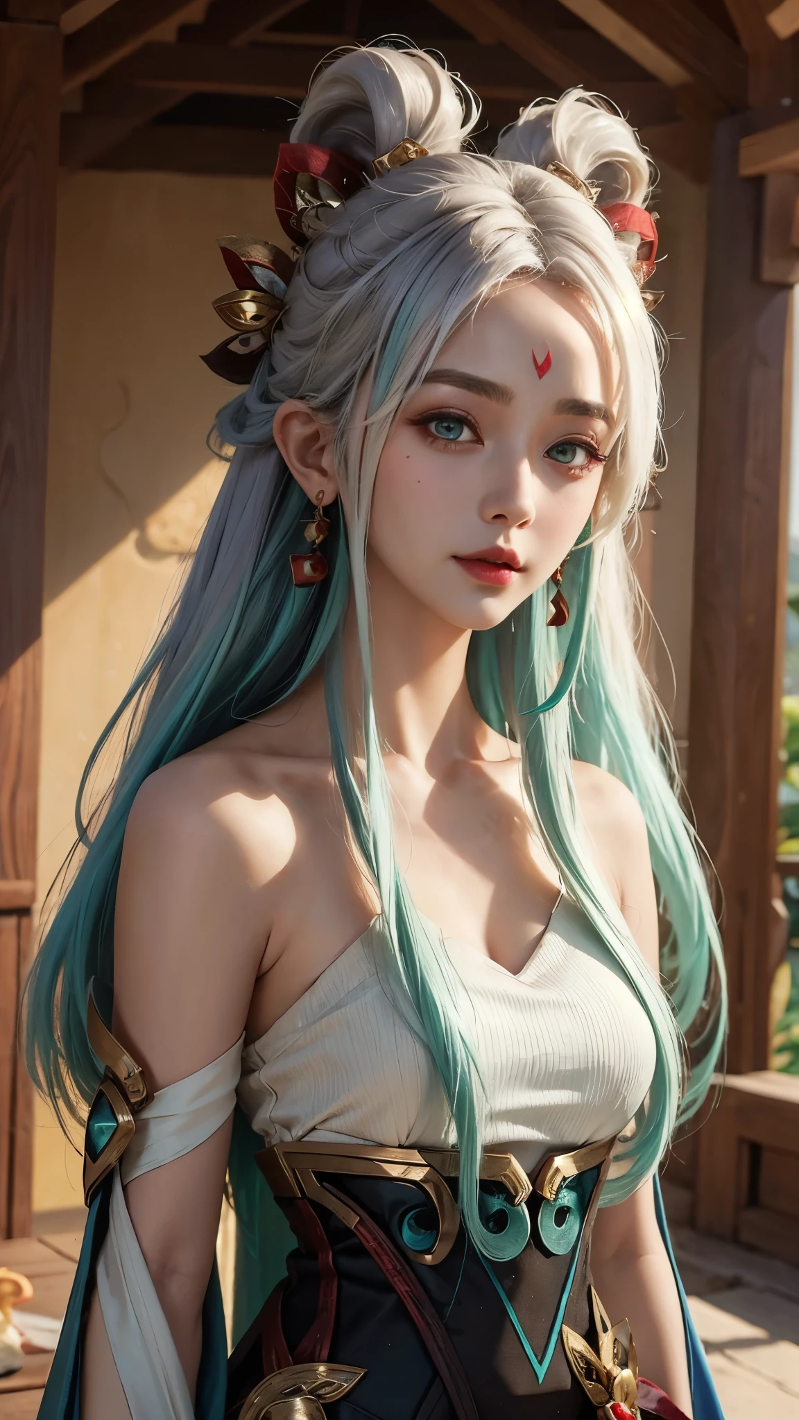 (masterpiece, best quality:1.2), intricate details, mythmaker irelia, 1girl, hair ornament, hair rings, bare shoulders, dress, detached sleeves, forehead mark, multicolored hair, white hair, earrings, green eyes, textured skin, looking at viewer, solo, light smile, (mature female:1.2)